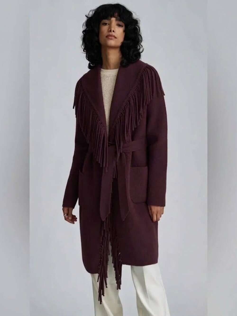 NVLT Mink Eyelash Fringe Coatigan Dark Plum Shawl Collar Belted Duster Cardigan